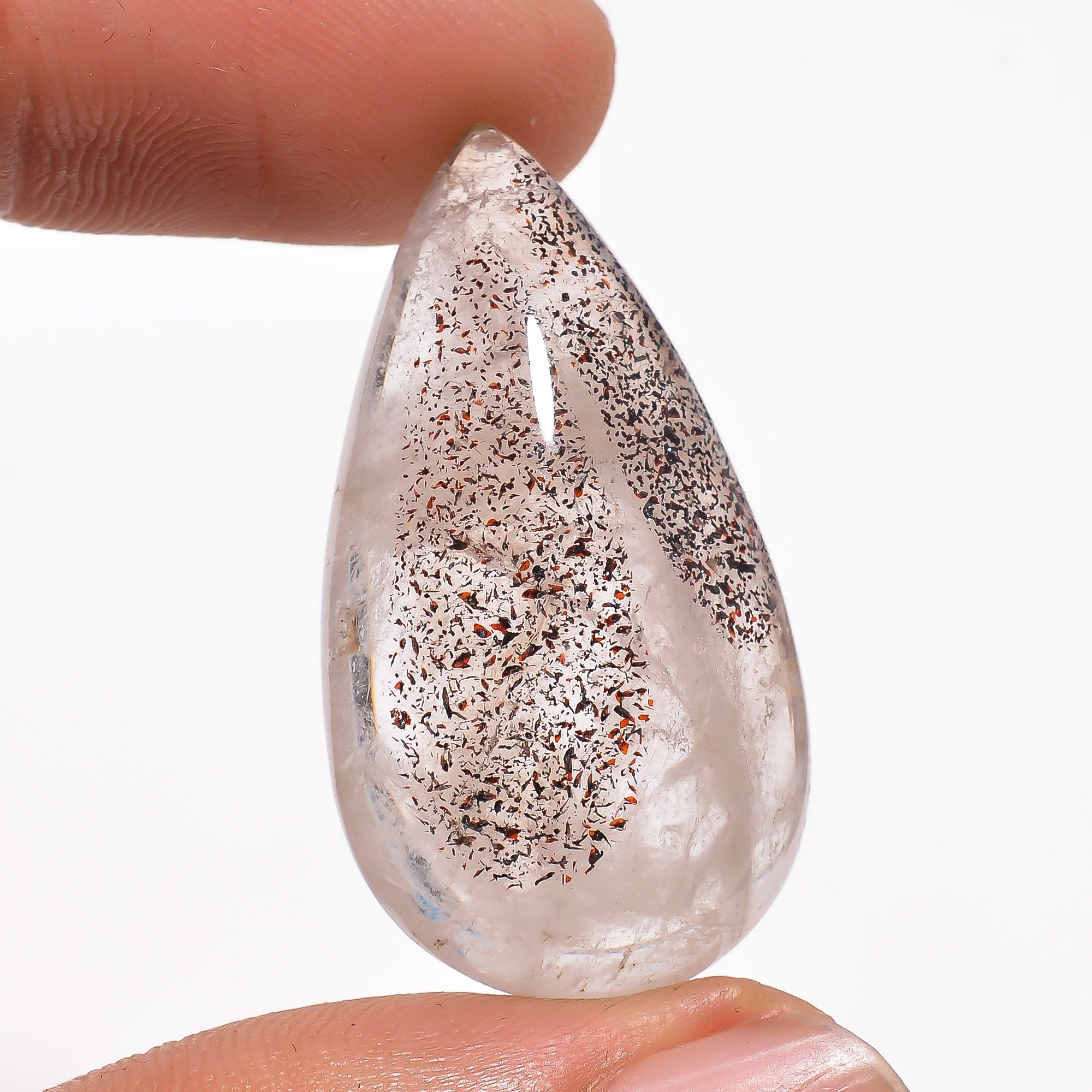 elestial quartz with many natural inclusion pear shape cabochon loose gemstone